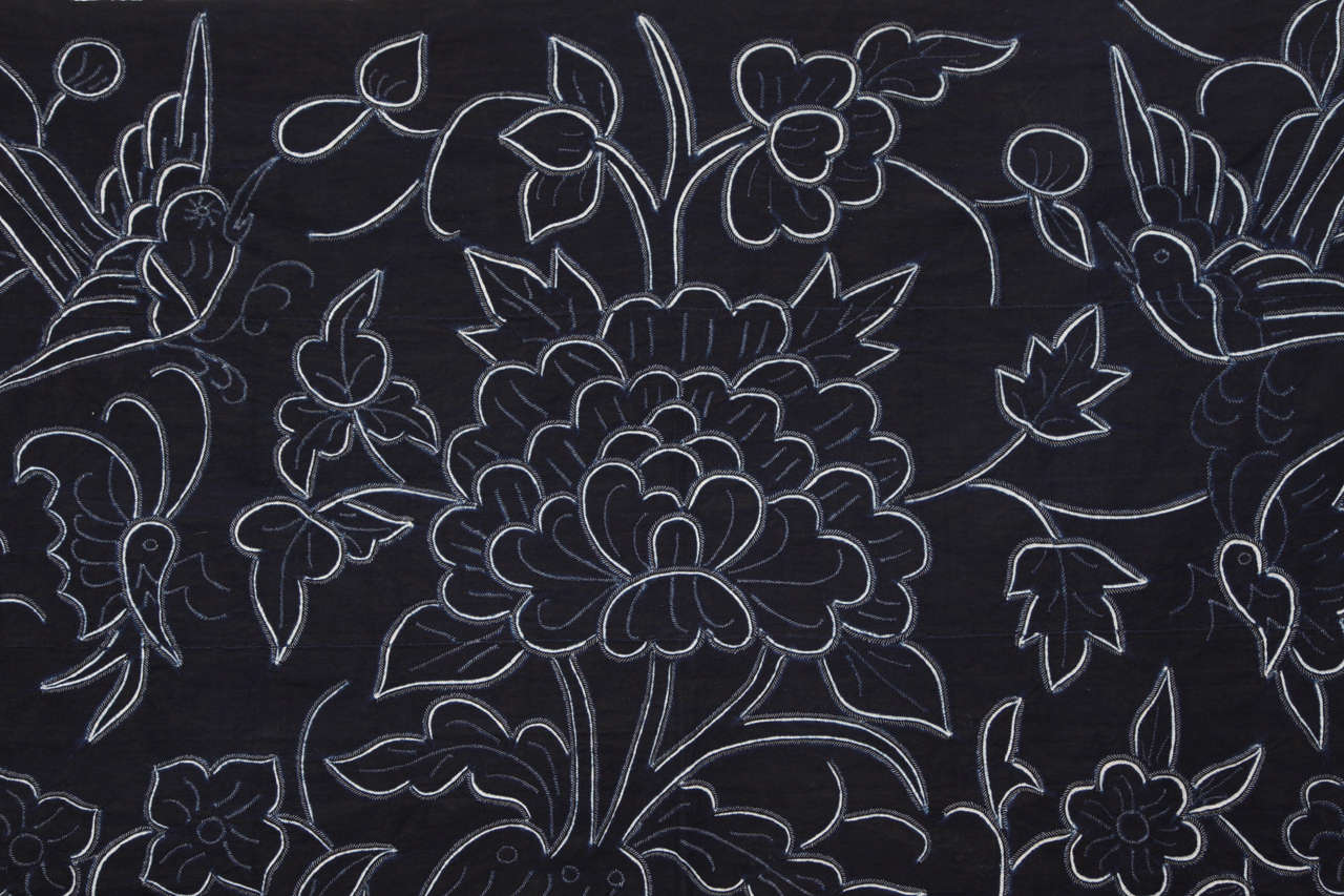 Mid-Century Modern Indigo Textile with Decorative Flowers by Chinese Bouyei People, circa 1980 For Sale