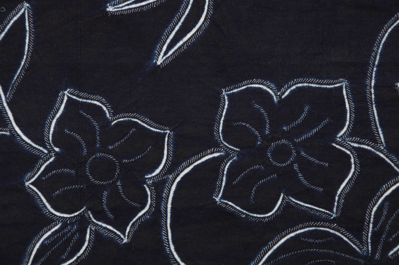 Cotton Indigo Textile with Decorative Flowers by Chinese Bouyei People, circa 1980 For Sale