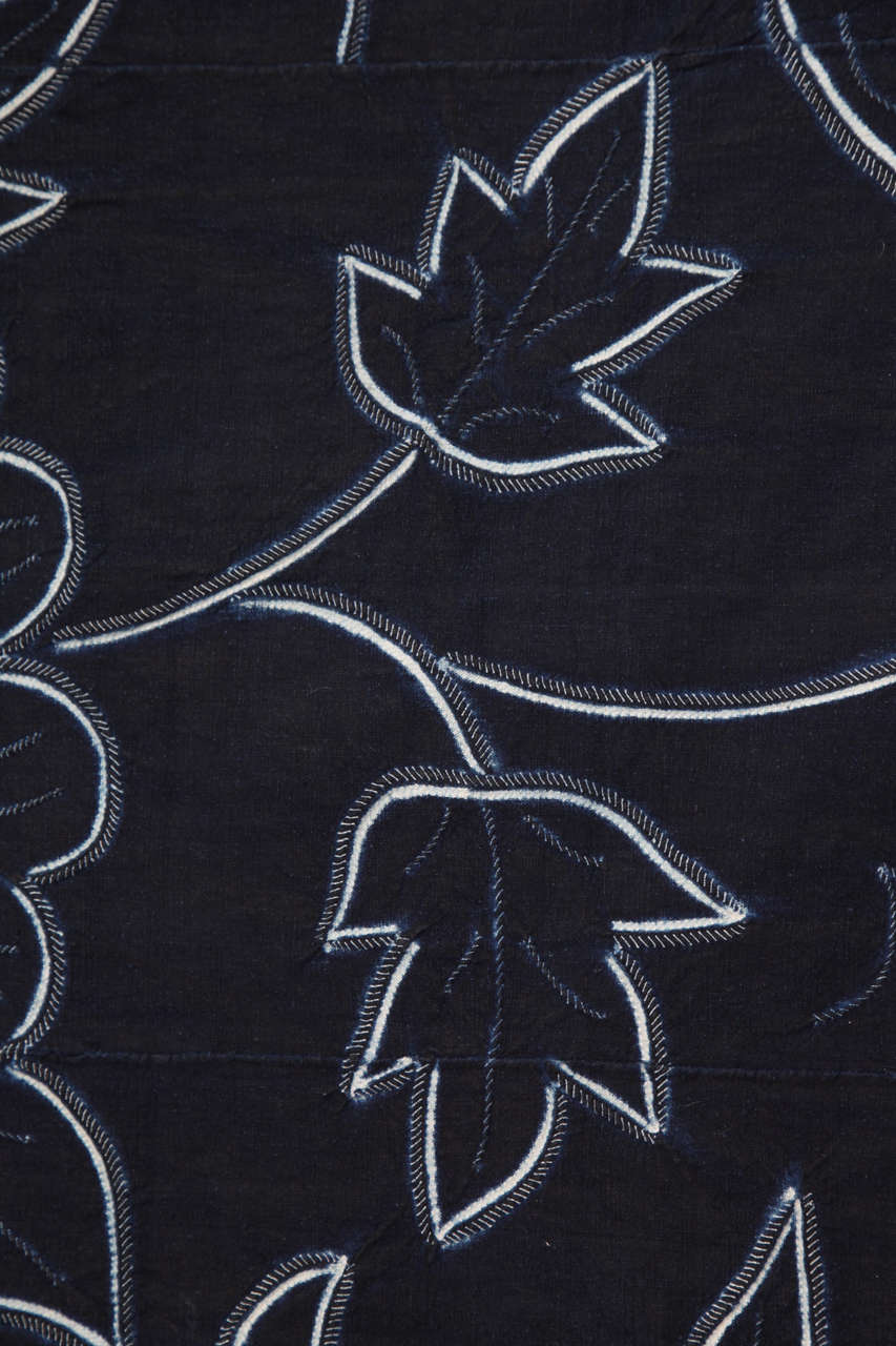 Indigo Textile with Decorative Flowers by Chinese Bouyei People, circa 1980 For Sale 1