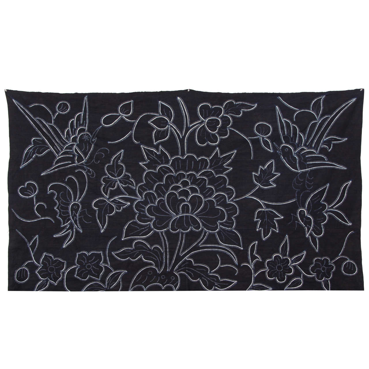 Indigo Textile with Decorative Flowers by Chinese Bouyei People, circa 1980 For Sale