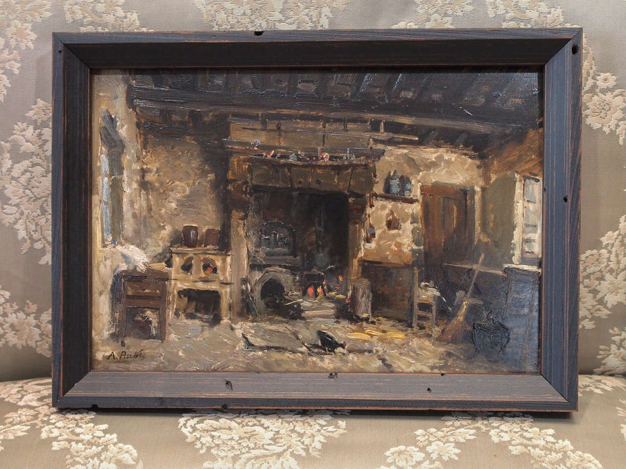 A painting in oil on board of a rustic kitchen interior by A.Rube 1815-1899
signed in lower left corner.