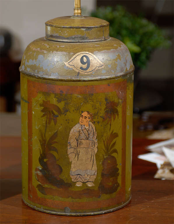 19th Century Pair of Antique Painted Tea Tins Lamps