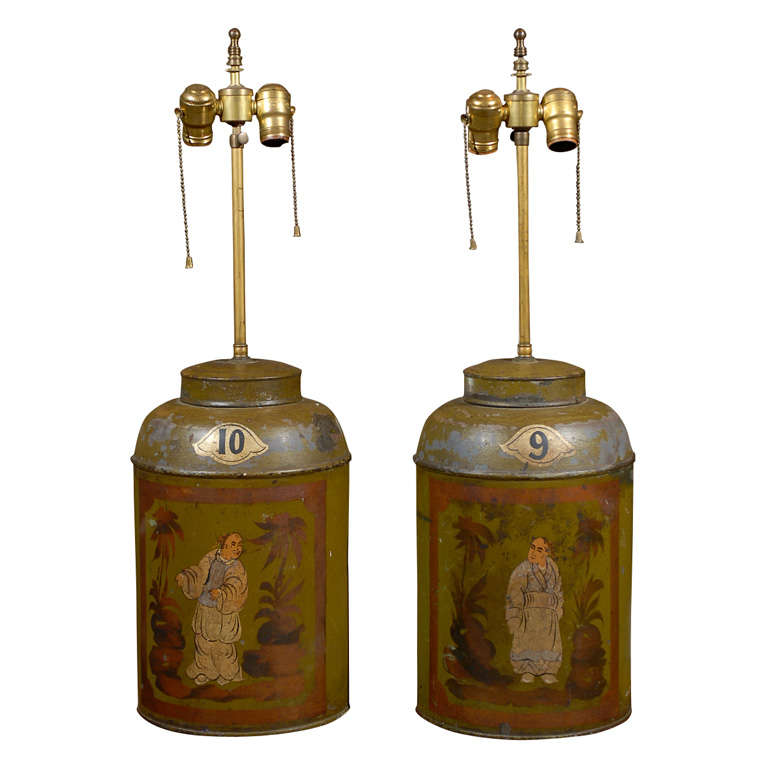 Pair of Antique Painted Tea Tins Lamps