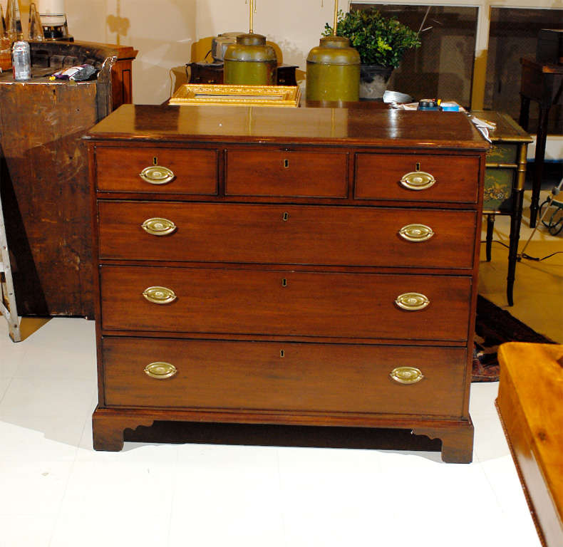 19th century English late Georgian bachelor's chest of mahogany having three small drawers over three large drawers and brass hardware and escutcheons.