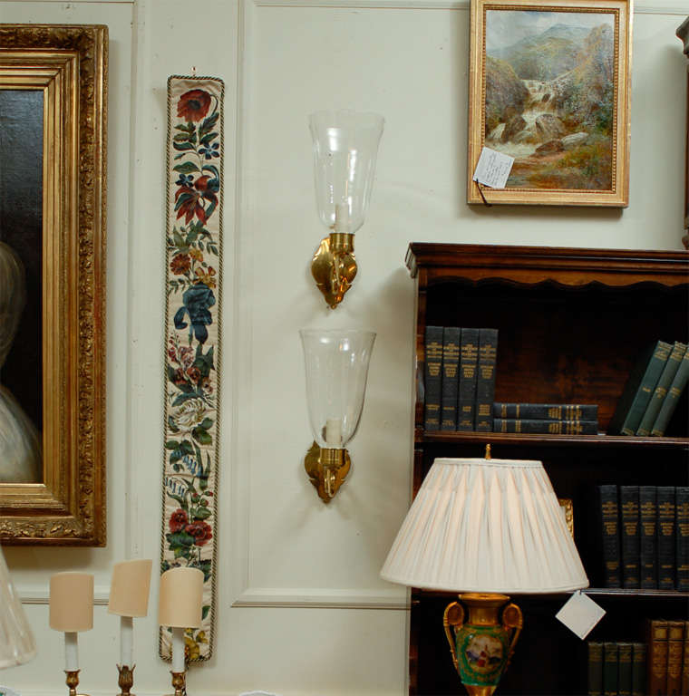 Pair Brass & Glass Wall Sconce
