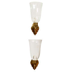 Pair Brass & Glass Wall Sconce