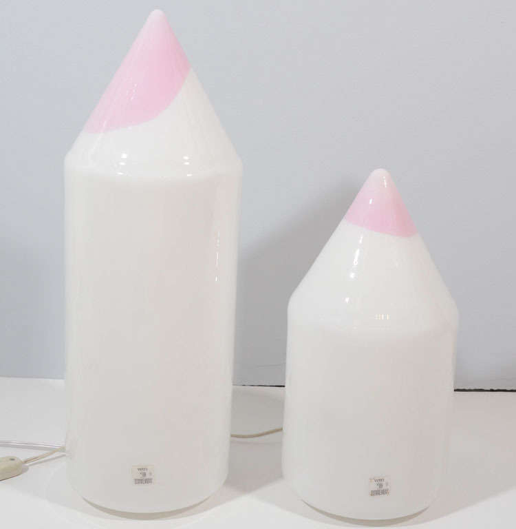 Whimsical and utterly beautiful Italian table lamps designed to resemble a pair of pink pencils.