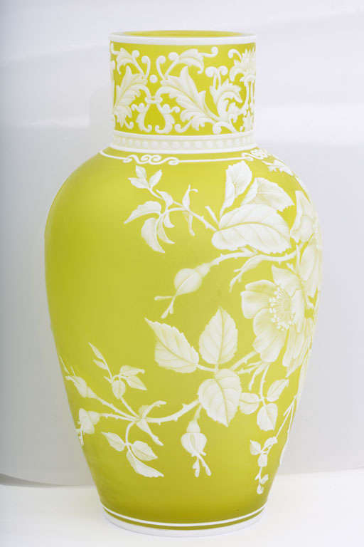 A fine signed Thomas Webb & Sons white on yellow cameo Glass vase carved in a floral pattern and two butterflies, signed Thomas Webb & Sons, Gem Cameo