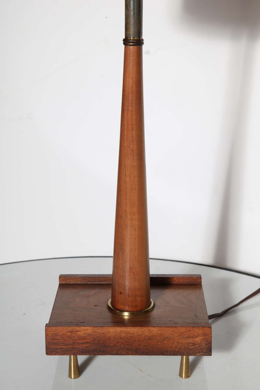 Mid-Century Modern Tall Pair of Paul McCobb Style Walnut and Brass Candlestick Lamps, 1950s