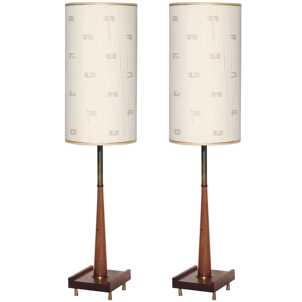 Tall Pair of Paul McCobb Style Walnut and Brass Candlestick Lamps, 1950s