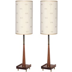 Tall Pair of Paul McCobb Style Walnut and Brass Candlestick Lamps, 1950s