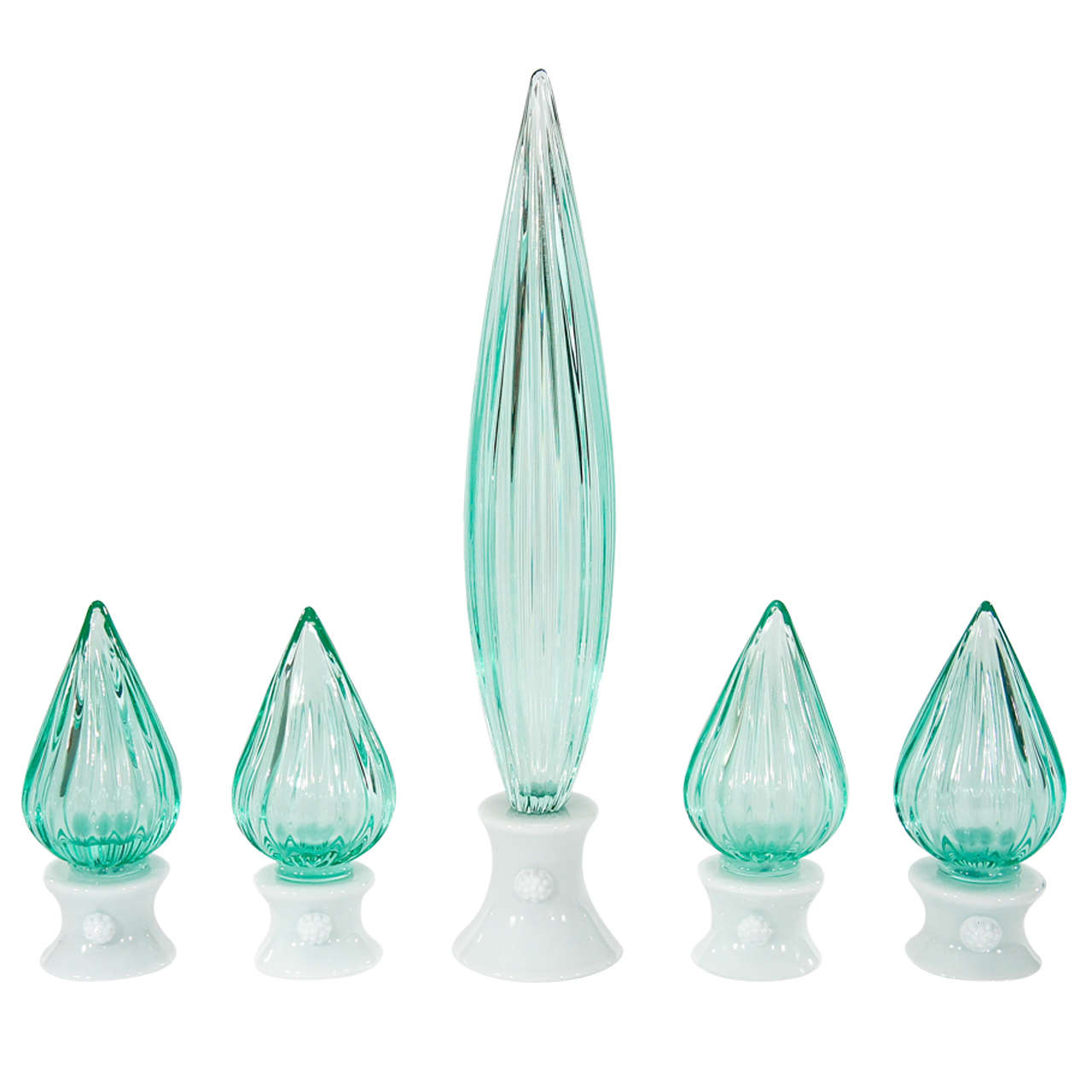 Set of 5 Venini Murano Hand Blown Teal Teardrop Sculptures/Garniture on Bases For Sale