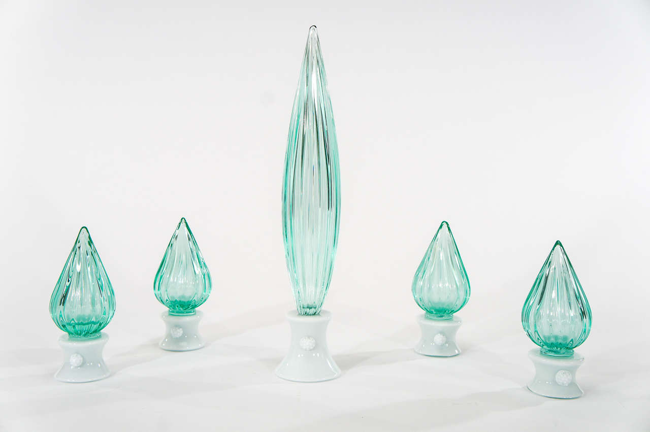 Mid-20th Century Set of 5 Venini Murano Hand Blown Teal Teardrop Sculptures/Garniture on Bases For Sale