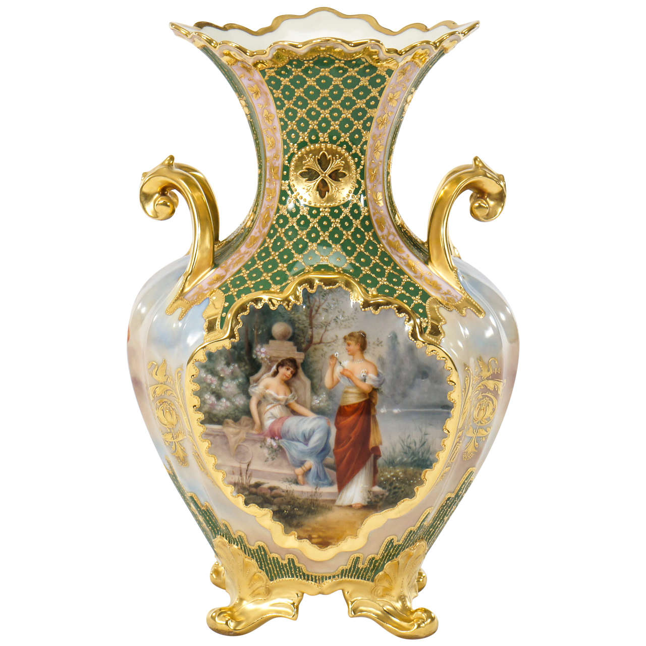 Royal Vienna Hand Painted 4 Sided Footed Vase W/ Raised Gilt Decoration
