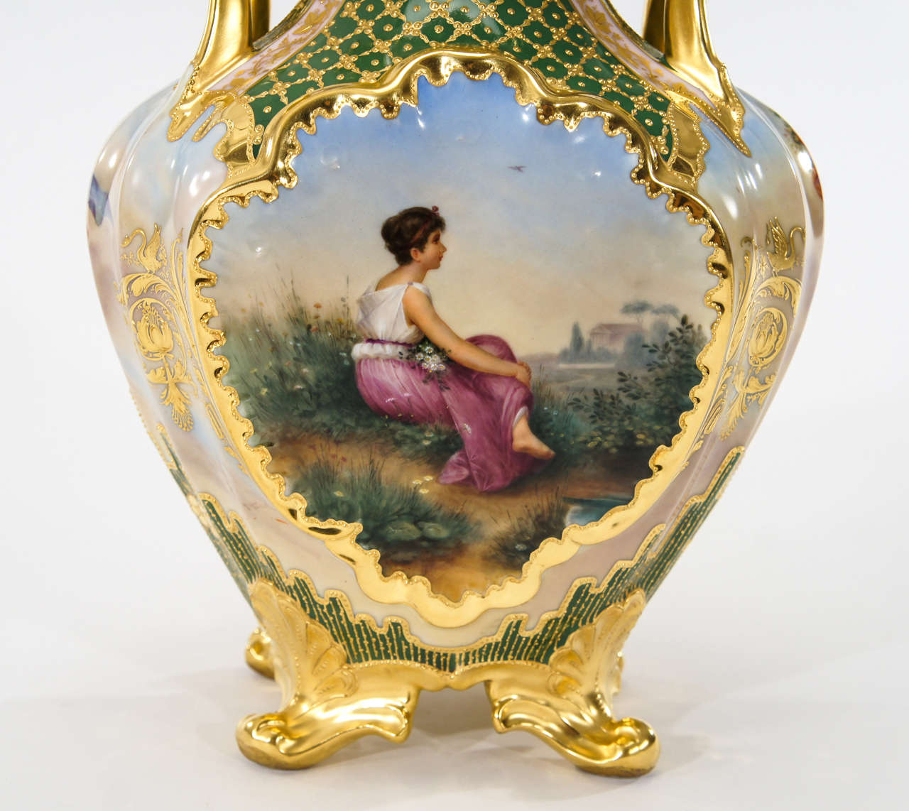 Royal Vienna Hand Painted 4 Sided Footed Vase W/ Raised Gilt Decoration In Excellent Condition In Great Barrington, MA