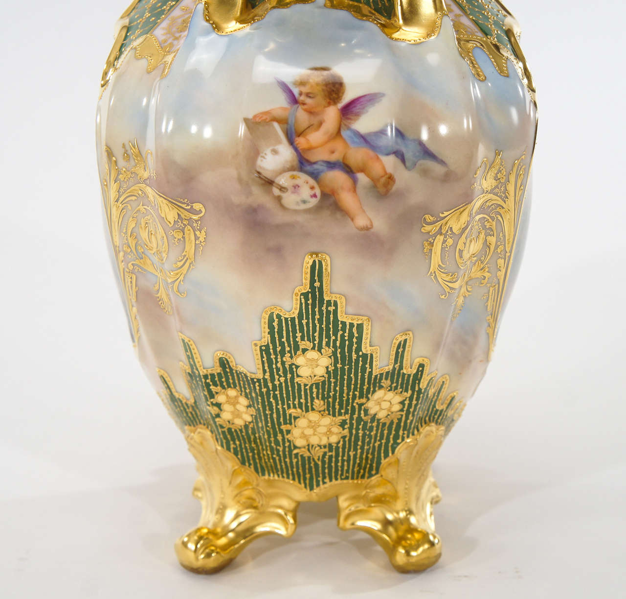19th Century Royal Vienna Hand Painted 4 Sided Footed Vase W/ Raised Gilt Decoration