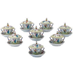 Vintage Set of Eight Herend "Csung" Hand-Painted Soups with Handles, Lid & Stand