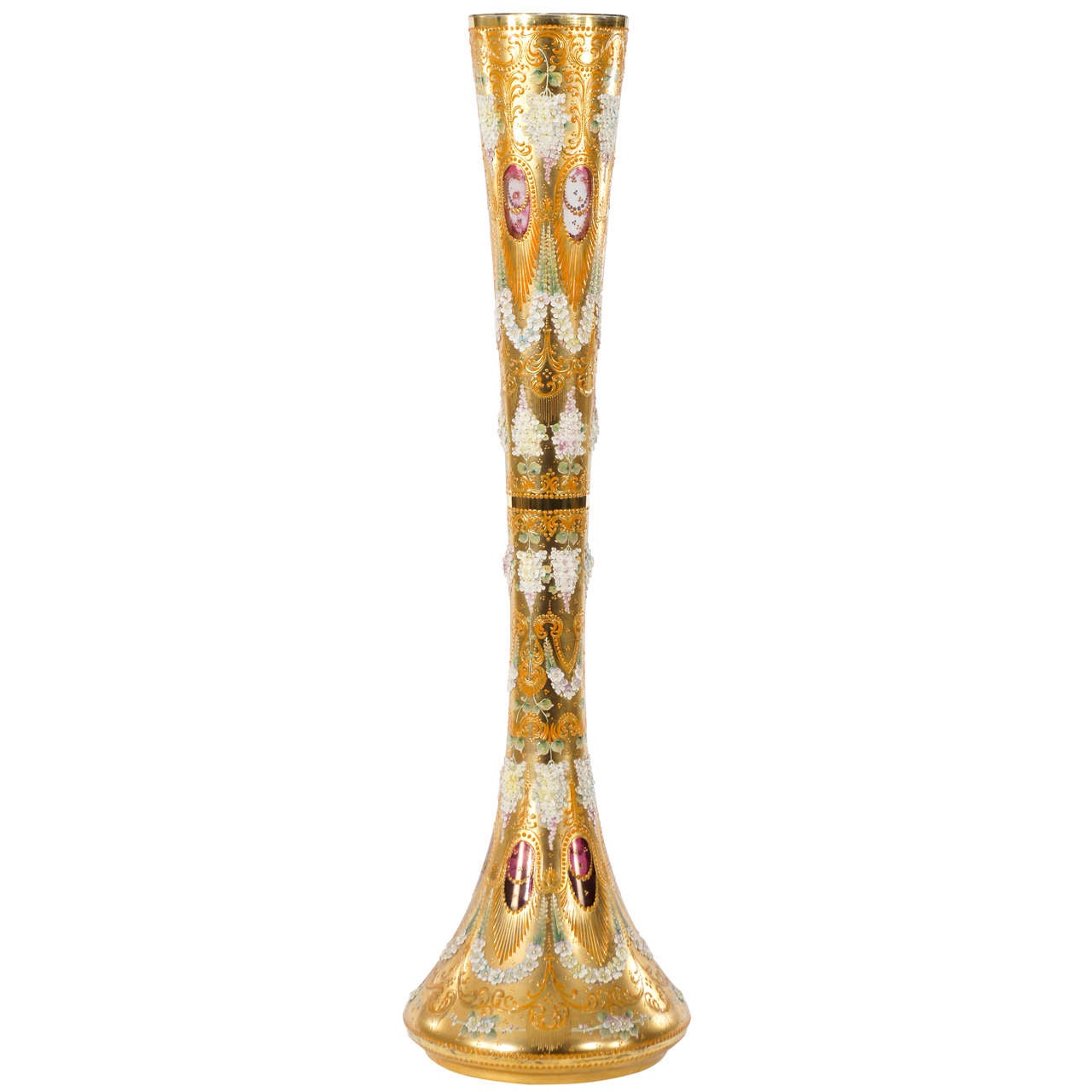 Monumental Moser Floor Vase with Porcelain and Gilt Floral Decorations