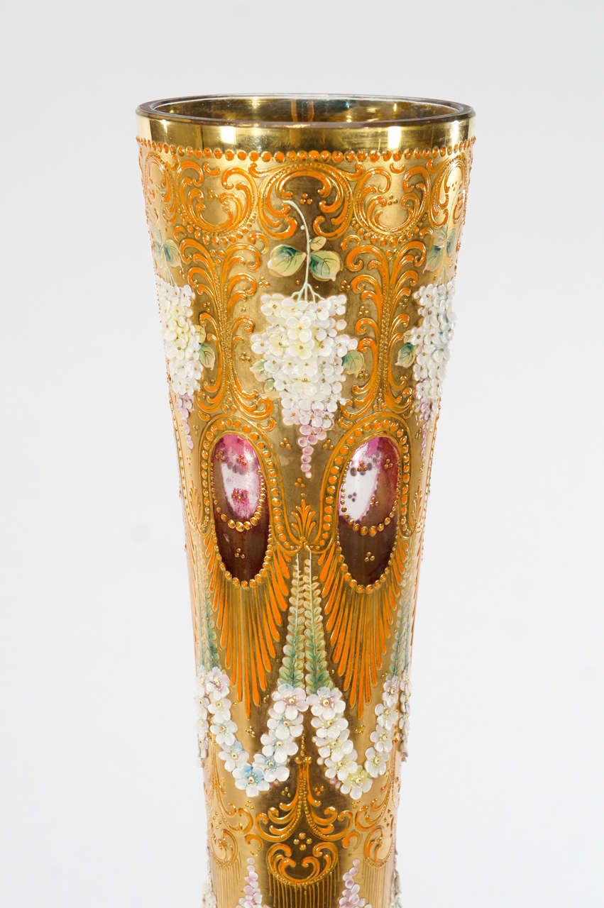 Austrian Monumental Moser Floor Vase with Porcelain and Gilt Floral Decorations
