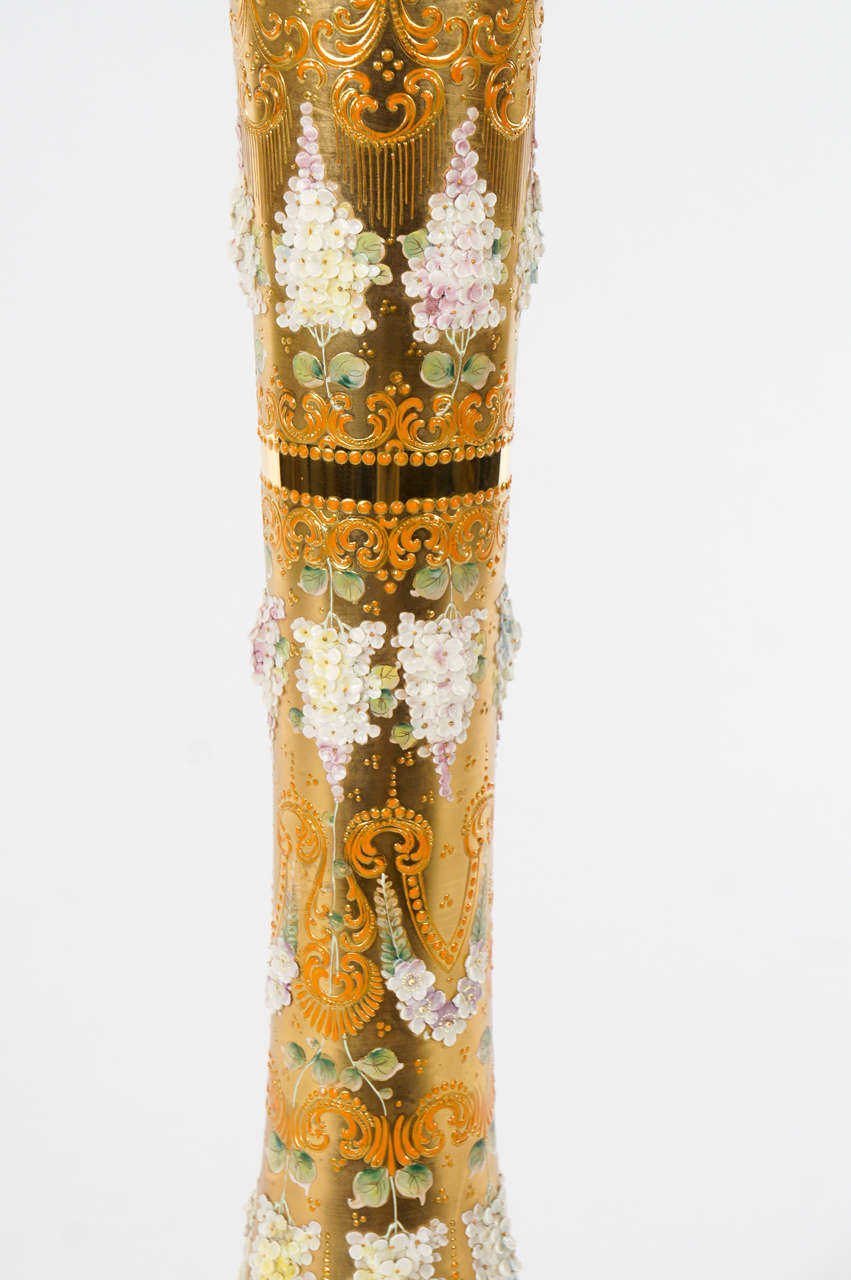 Monumental Moser Floor Vase with Porcelain and Gilt Floral Decorations In Excellent Condition In Great Barrington, MA
