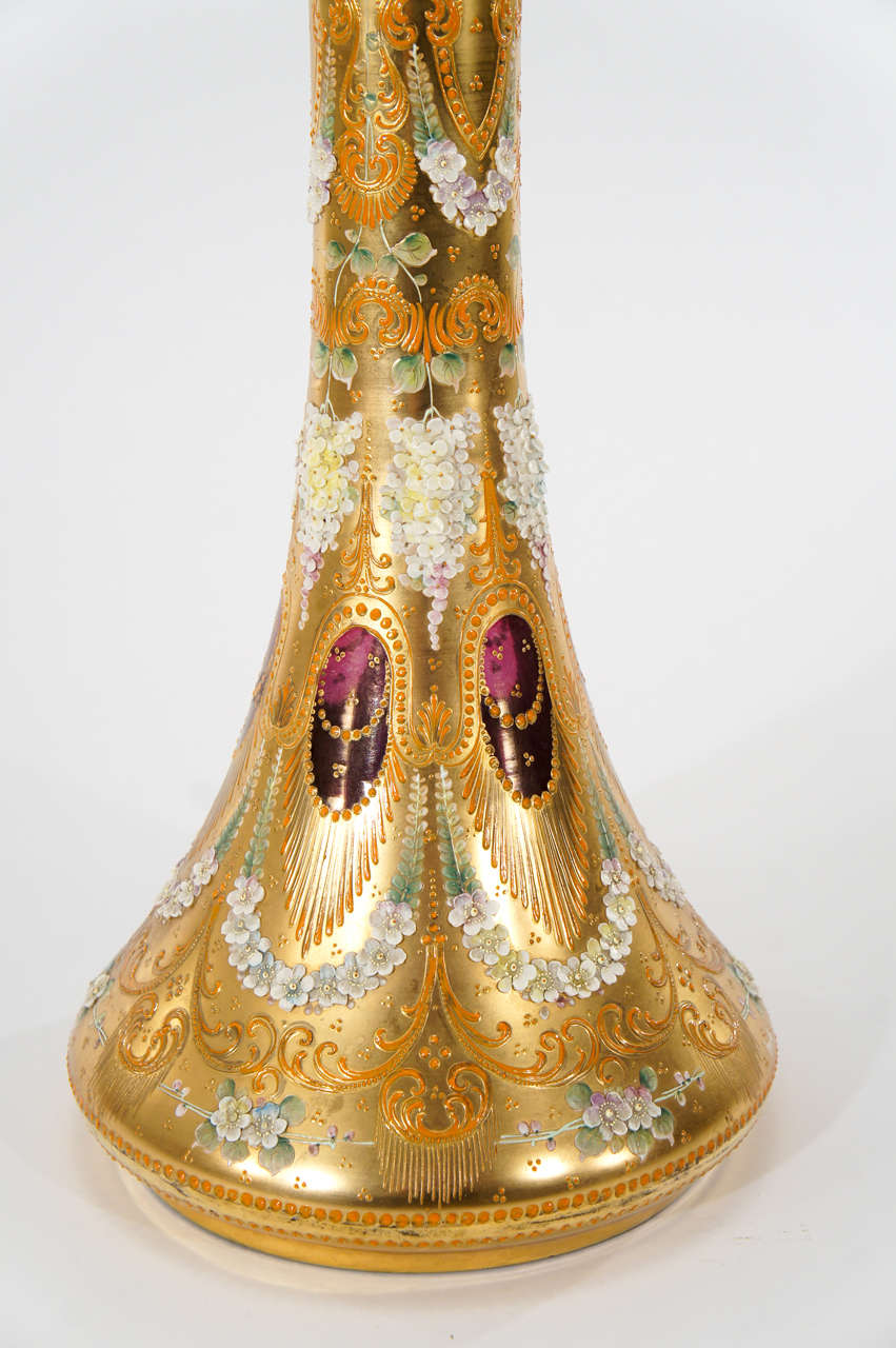 19th Century Monumental Moser Floor Vase with Porcelain and Gilt Floral Decorations