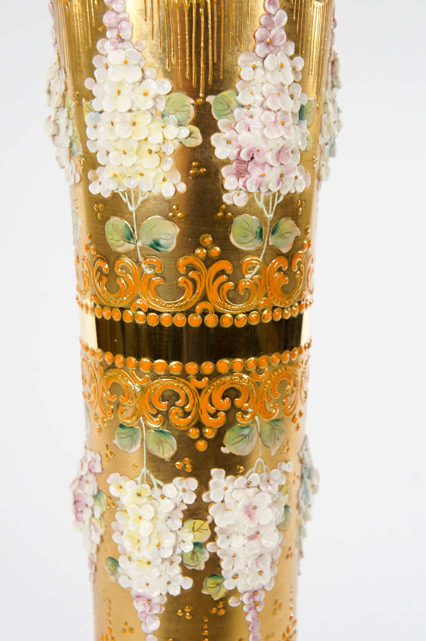 Crystal Monumental Moser Floor Vase with Porcelain and Gilt Floral Decorations