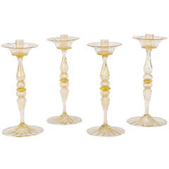 Set of 4 Salviati Hand Blown Venetian Gold Leaf Candlesticks