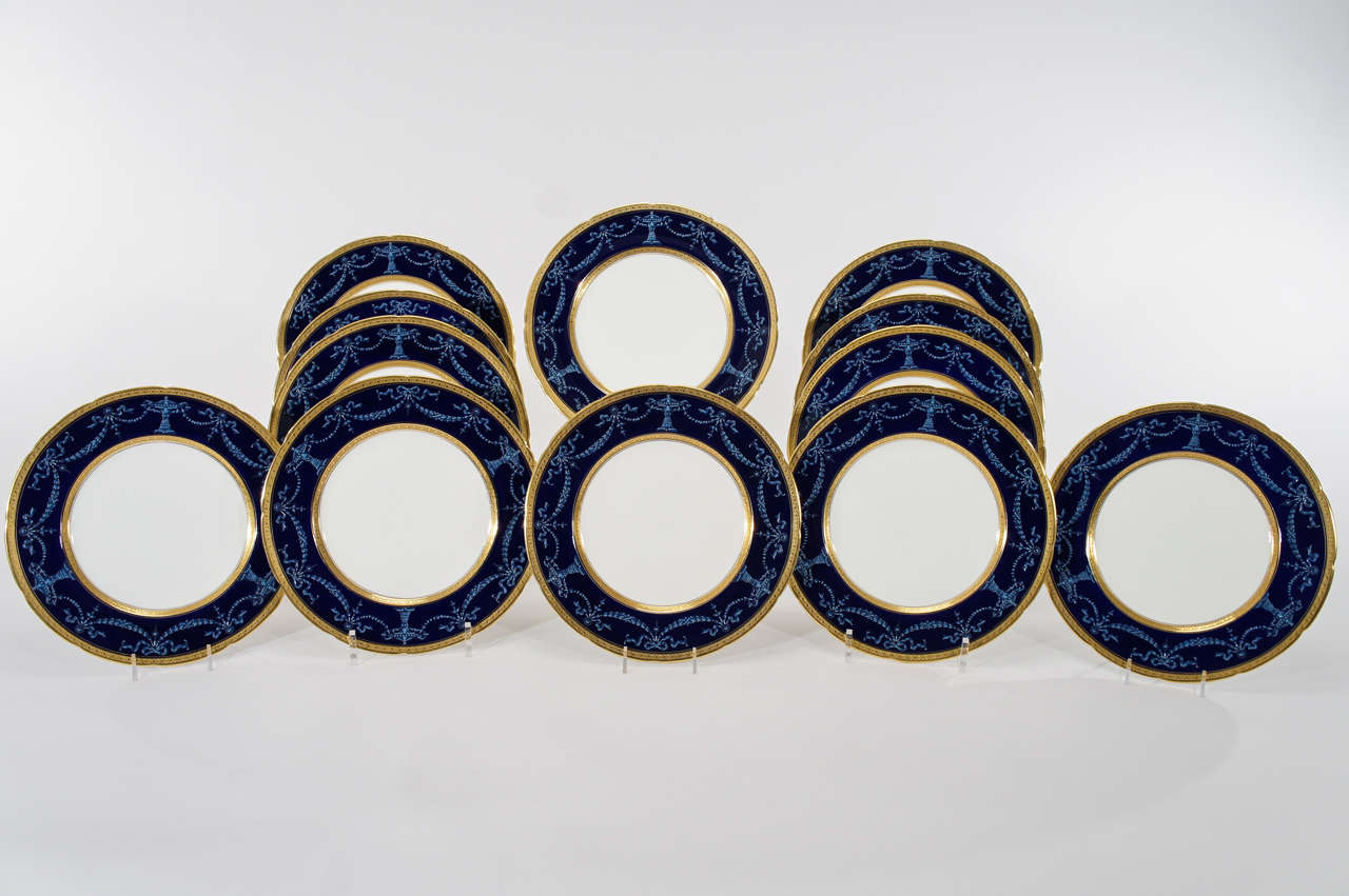 Set of 12 Coalport Cobalt Blue and French Enamel Dinner Plates For Sale