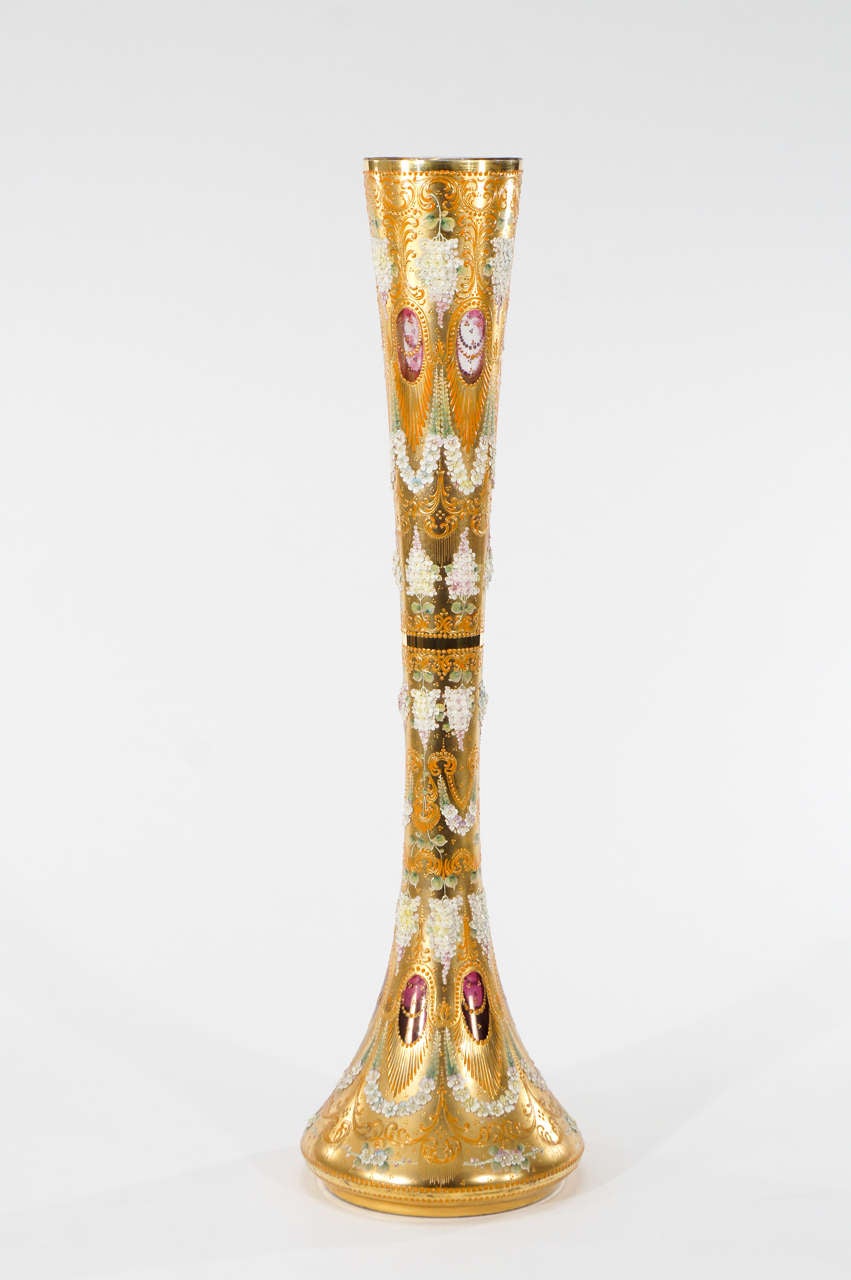 Monumental Moser Floor Vase with Porcelain and Gilt Floral Decorations
