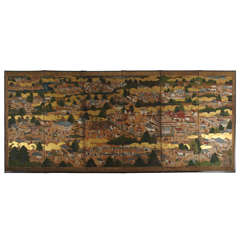 Antique 18th Century Six-Panel Japanese Screen Rakuchu Rakugai