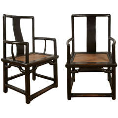 19th Century Pair of Chinese Black Lacquered Armchairs