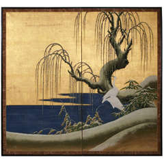 19th c. Two Panel Japanese Screen With Weeping Willow