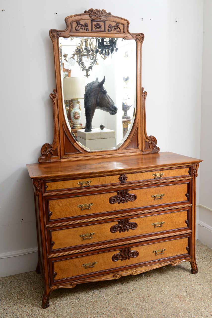 Pair of Dressers/ Commodes with Mirrors; mixed woods to many art nouveau furniture; original restored finish & original hardware