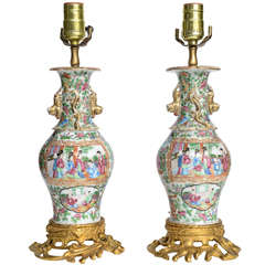 Antique Important Pair of Chinese Porcelain Famille Rose Lamps on Ormolu Bases, 19th C.