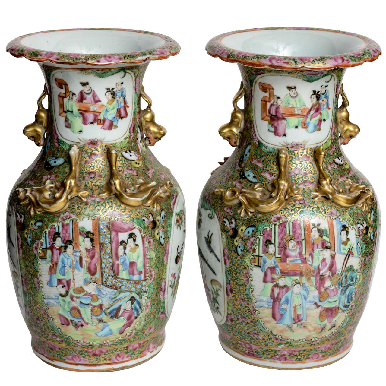 Rare Pair of Chinese Porcelain Famille Rose Vases, 19th Century For Sale