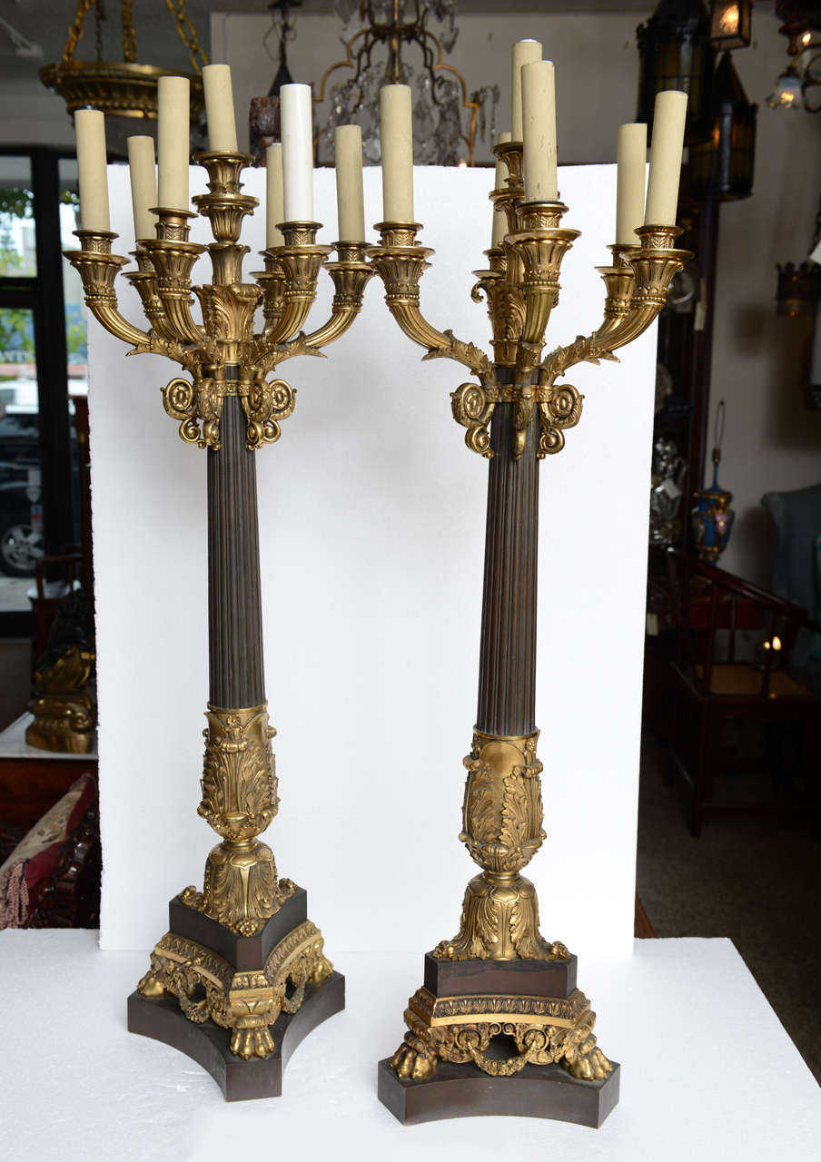 Important Huge Pair of French Bronze Candelabras, 39" h, 19th Century
