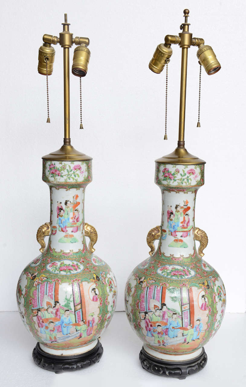 Pair of Chinese Porcelain Famille Rose Vases/ Lamps, 19th Century