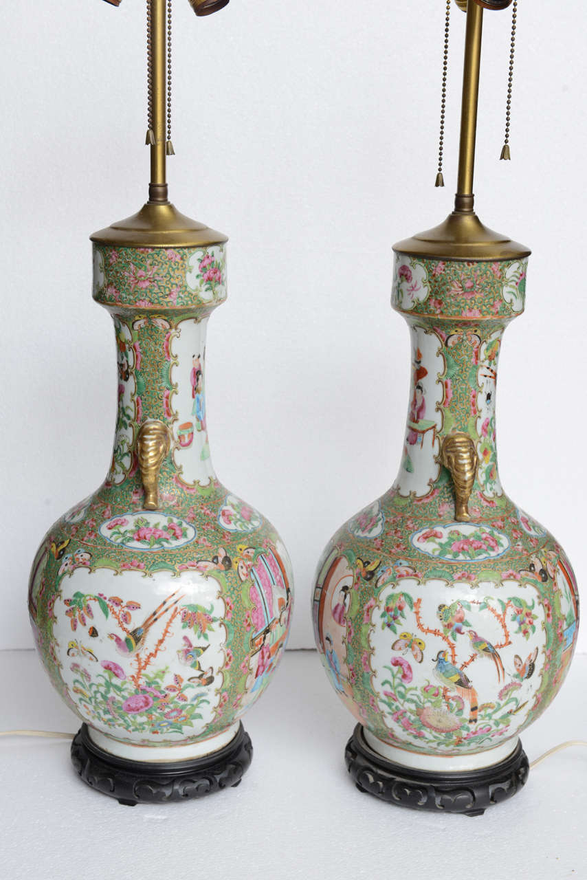 Pair of Chinese Porcelain Famille Rose Vases/ Lamps, 19th Century For Sale 1