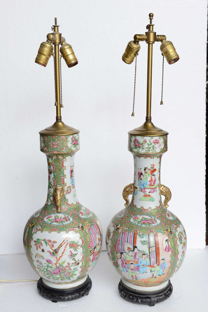 Pair of Chinese Porcelain Famille Rose Vases/ Lamps, 19th Century For Sale 2