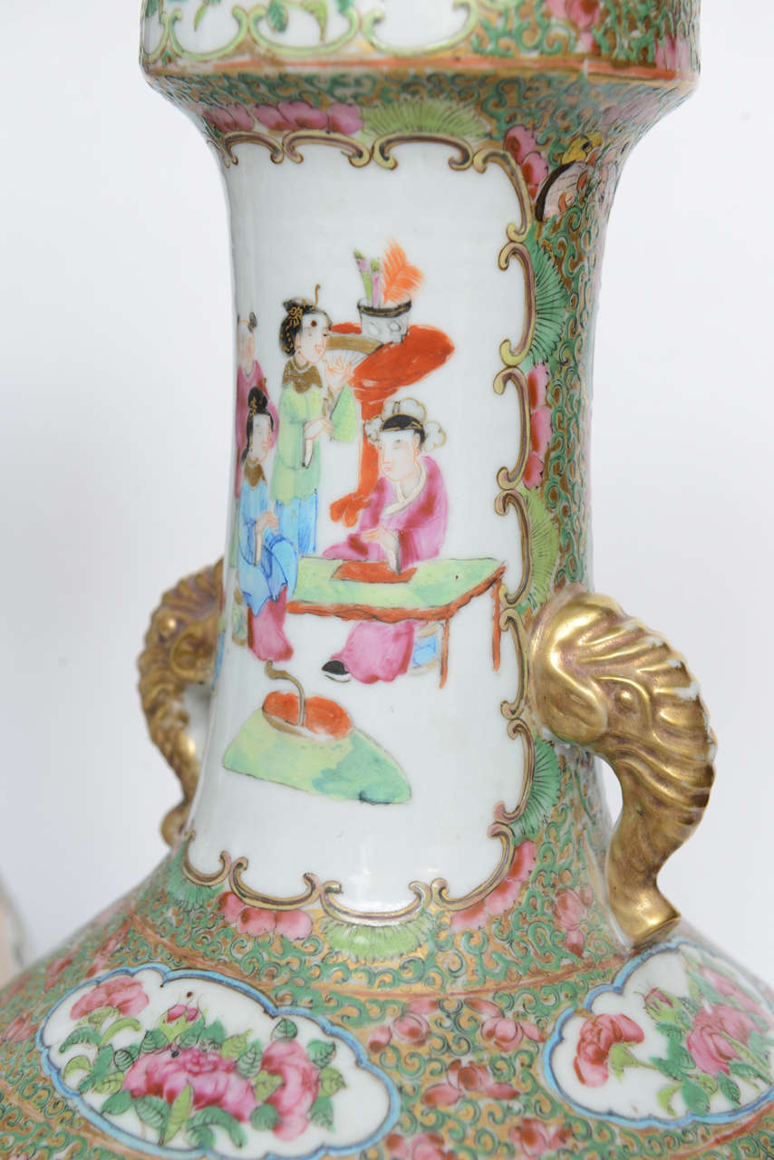 Pair of Chinese Porcelain Famille Rose Vases/ Lamps, 19th Century For Sale 4