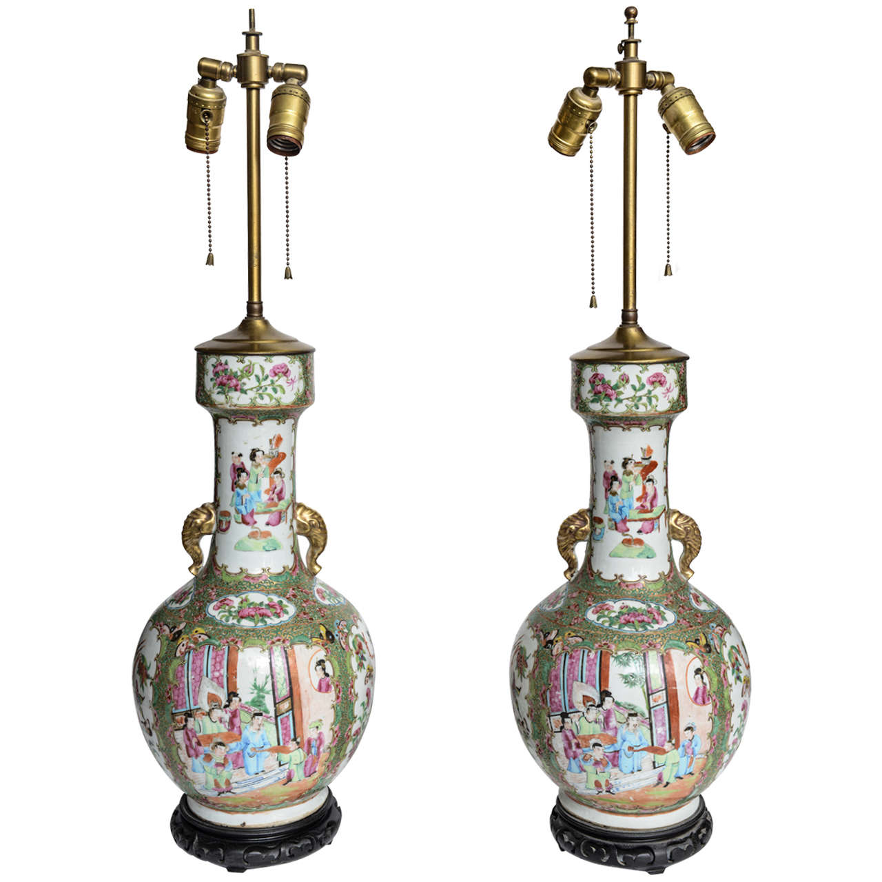 Pair of Chinese Porcelain Famille Rose Vases/ Lamps, 19th Century For Sale