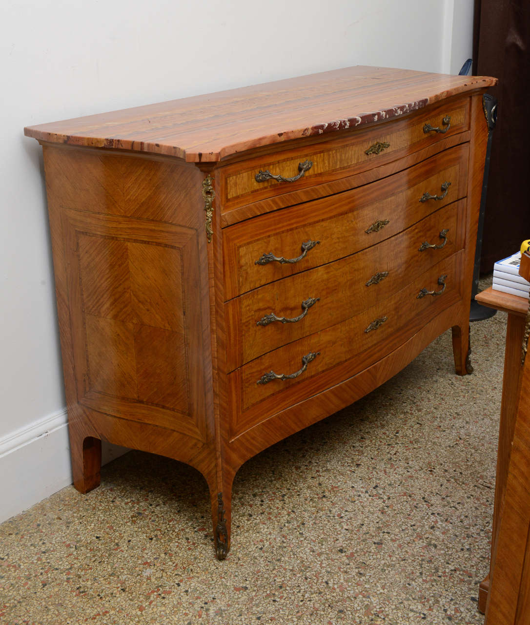 French Commode/ Dresser with Marble Top & Mirror  Inlaid satinwood, pearwood with original restored finish.  Most unusual marble top & mirror, not shown

Originally $ 6,50000