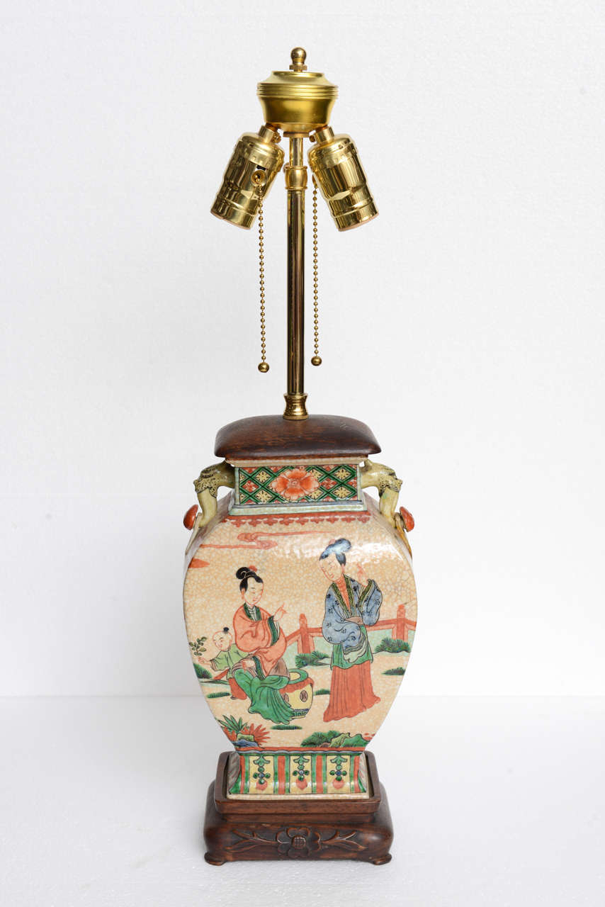 Chinese Famille Vert Lamp on Teak Base, 19th Century