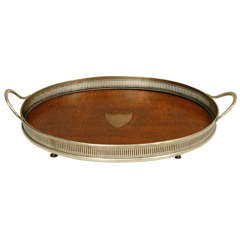 English 19C. Oak Tray w/ Silver Plated handles, gallery and inlay
