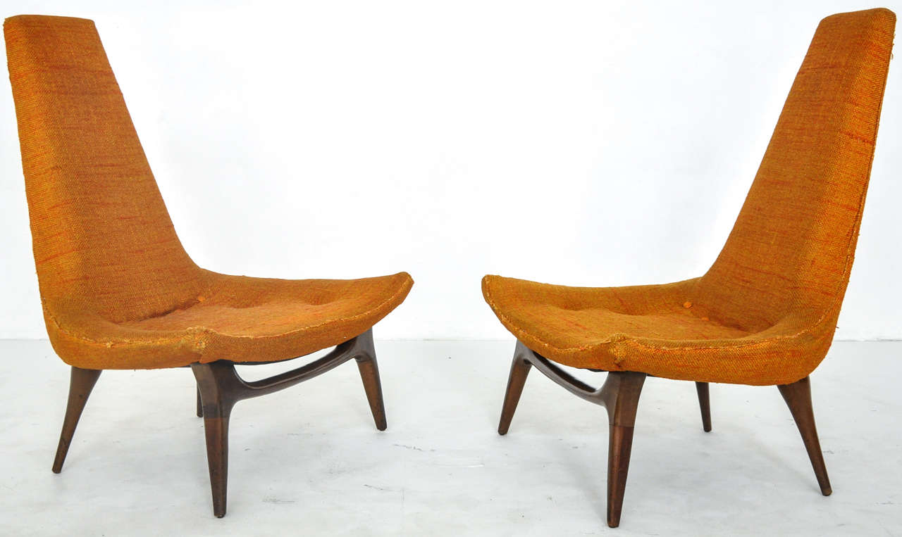Dramatic high back lounge hairs by Karpen of Ca.  All original and ready for reupholster.  We offer reupholstering service.