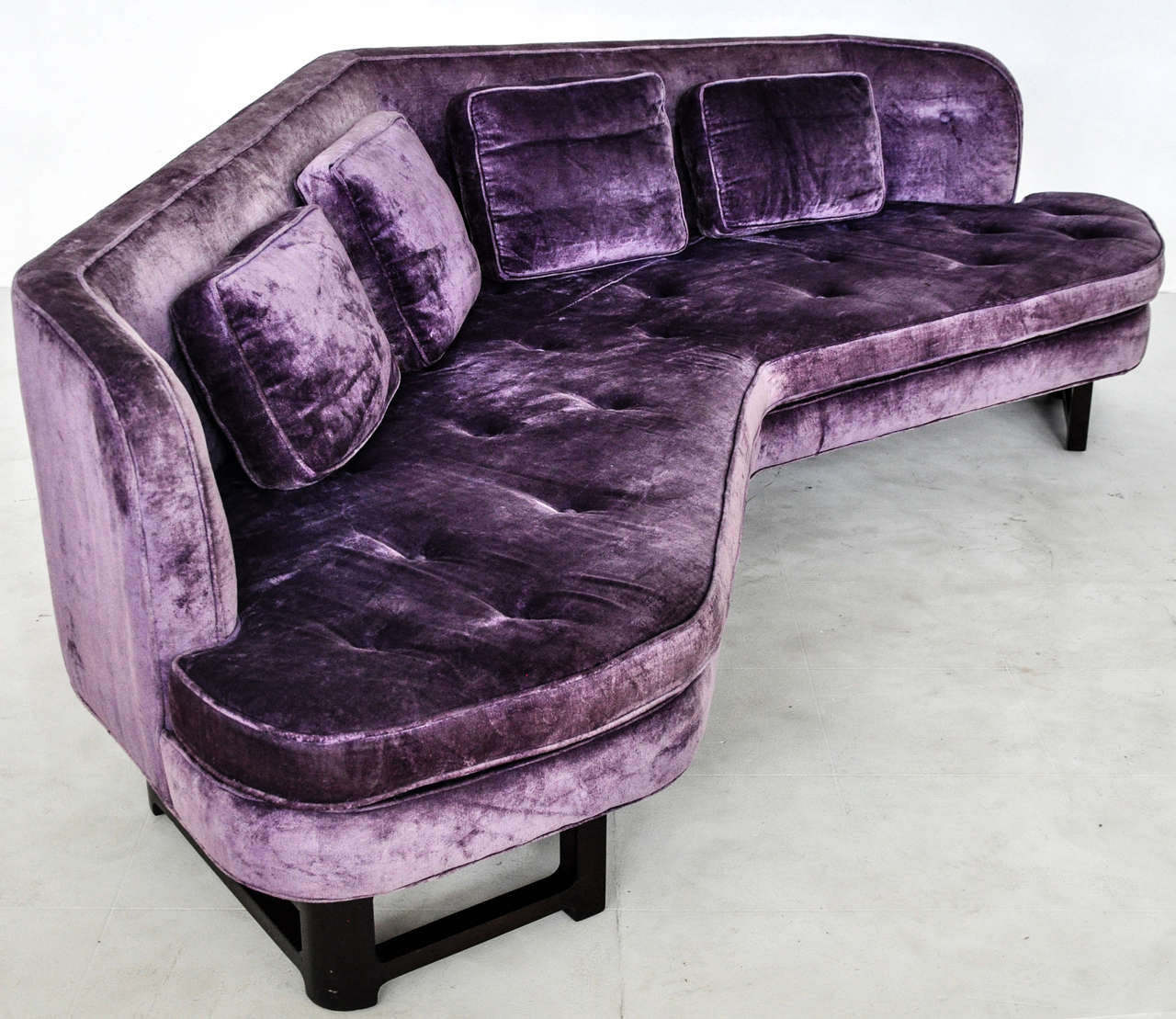 Wide angle sofa by Edward Wormley for Dunbar.  Large 8.5' long model.  Original velvet upholstery over dark mahogany frame.