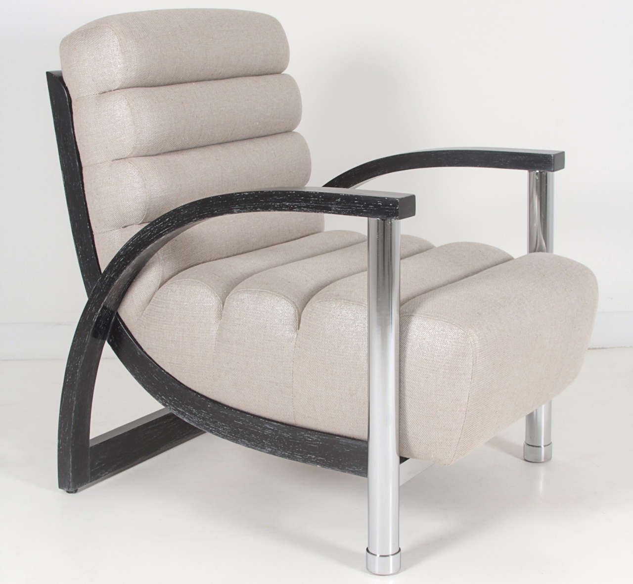 Ultra chic pair of club chairs with Cerused Oak frames and chrome front supports with new silk/cotton upholstery which has a slight silver interwoven thread. Designed by Jay Spectre.