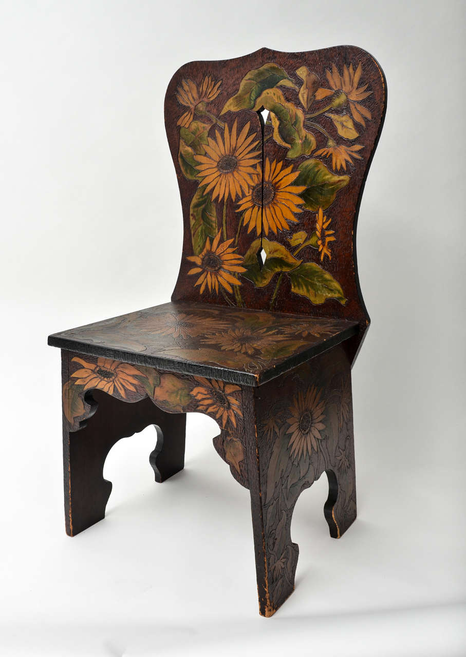 Early 20-Century Wood Chair with ogee arches.  Decorated with Pyrography and Painted Sunflower Ornament.  European.  Great Design.