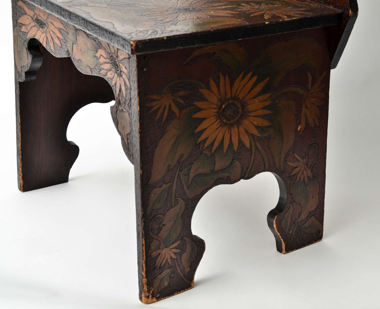Arts and Crafts Sculptural Wood Side Chair with Pyrography & Painted Sunflower Ornament For Sale