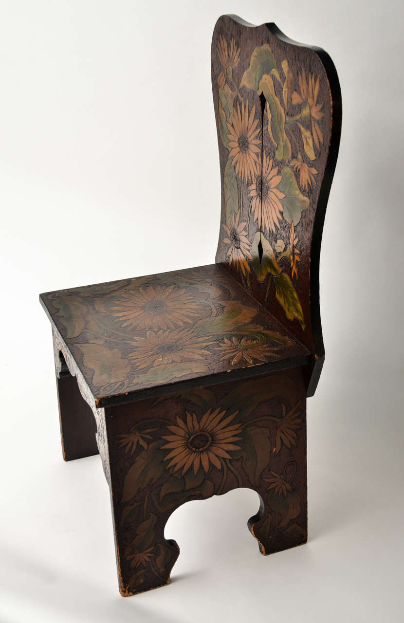 Unknown Sculptural Wood Side Chair with Pyrography & Painted Sunflower Ornament For Sale